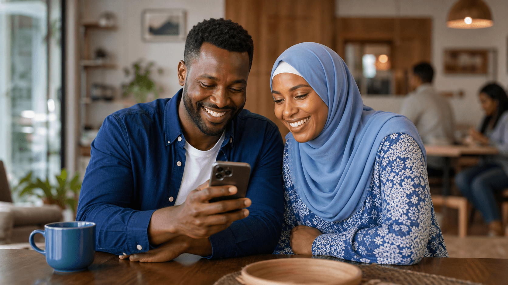 A couple smiling as they use a mobile phone together
